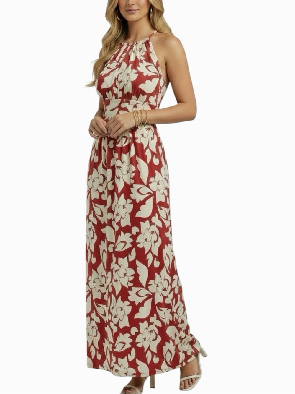 NWT LONDON TIMES Red & Ivory Floral Halter Keyhole Front/Back Maxi Dress Size 10